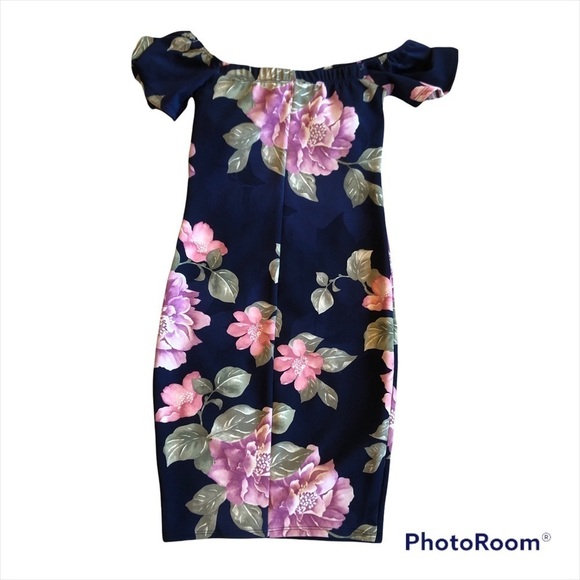 Olive Tree navy blue floral off the shoulder bodcon mini dress size small - Picture 2 of 7